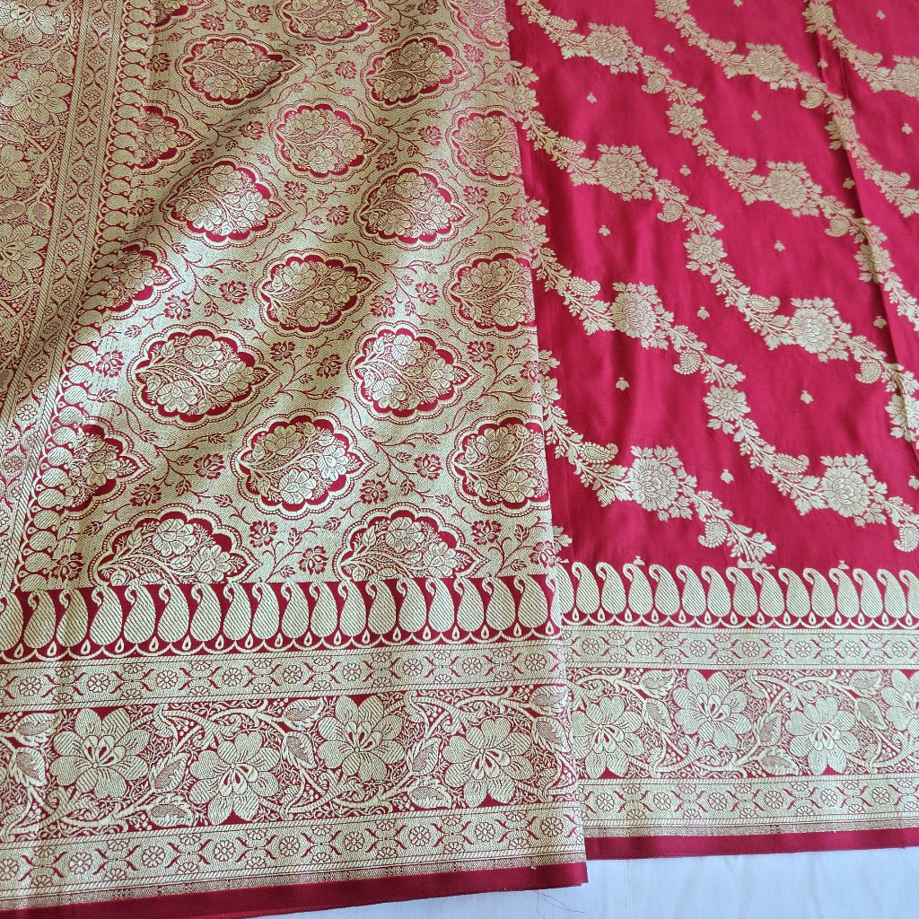 New Dark Red Banarsi Satin Silk Saree Negotiable
